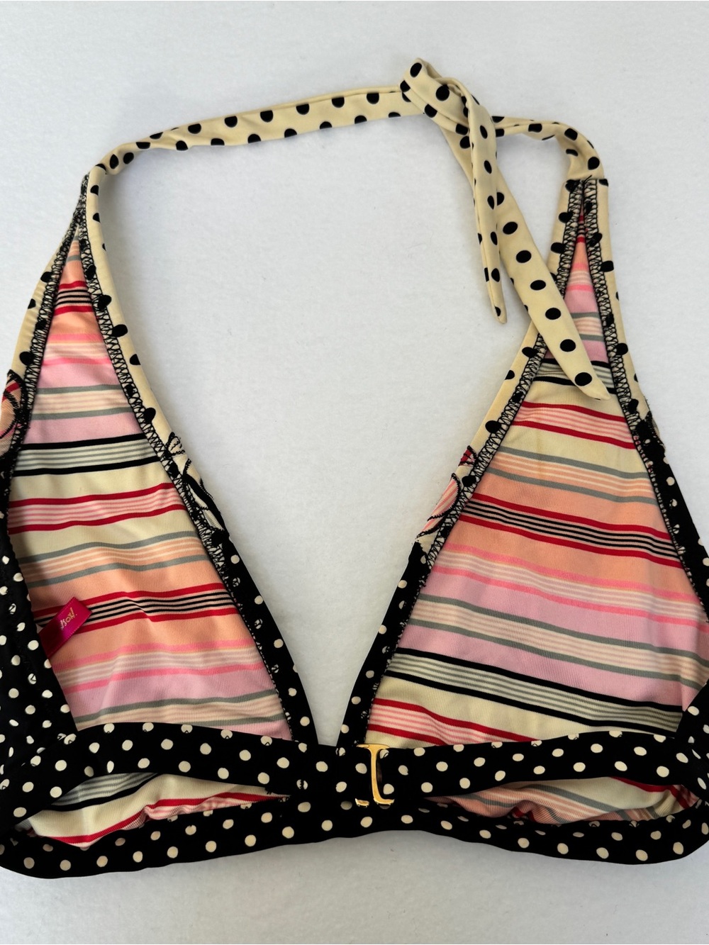 Betsey Johnson Woman’s Bikini Top D Cup Black White Polka Dot Floral Halter Swim - Picture 2 of 6
